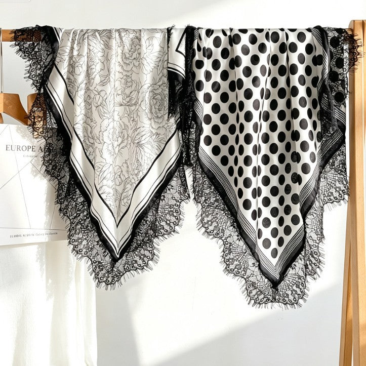 Vintage Lace Trim Satin Square Scarf 70cm Women N6H121