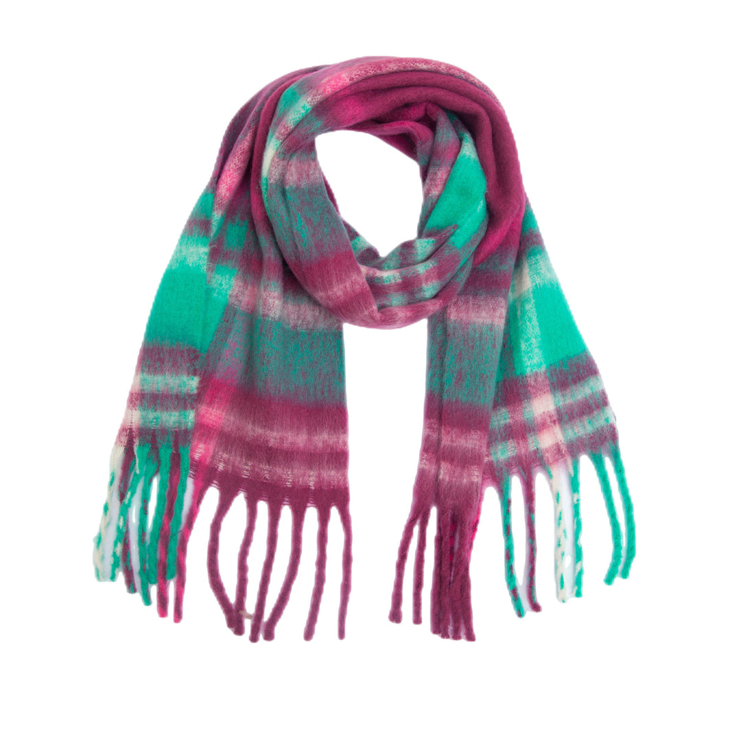 Rainbow Plaid Mohair Feel Chunky Fringe Scarf N6K249