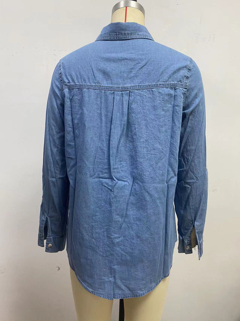 Casual Lapel Long Sleeve Denim Shirt Women N6D064