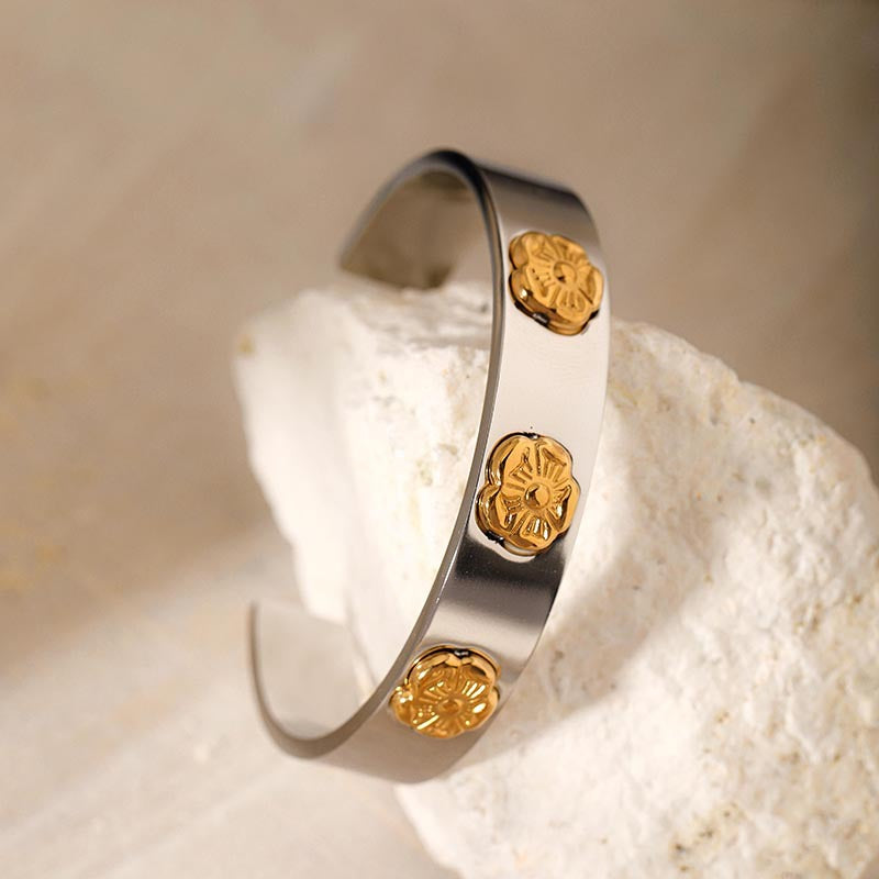Floral Open Cuff Steel Silver-Plated Sculptural S5P086