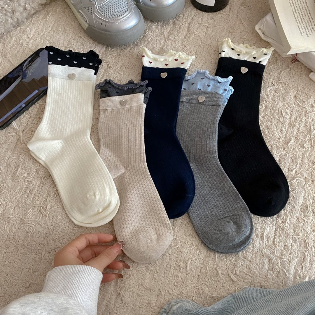Color Block Ruffle Trim Socks Polka Dot Button Accent M5A022
