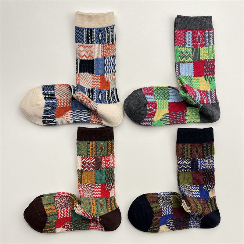 Color Block Plaid Socks Women Mid Calf Retro Check M5A016