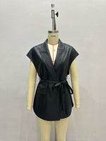 Load image into Gallery viewer, Sleeveless PU Vest Notch Lapel Belted Women N6G173