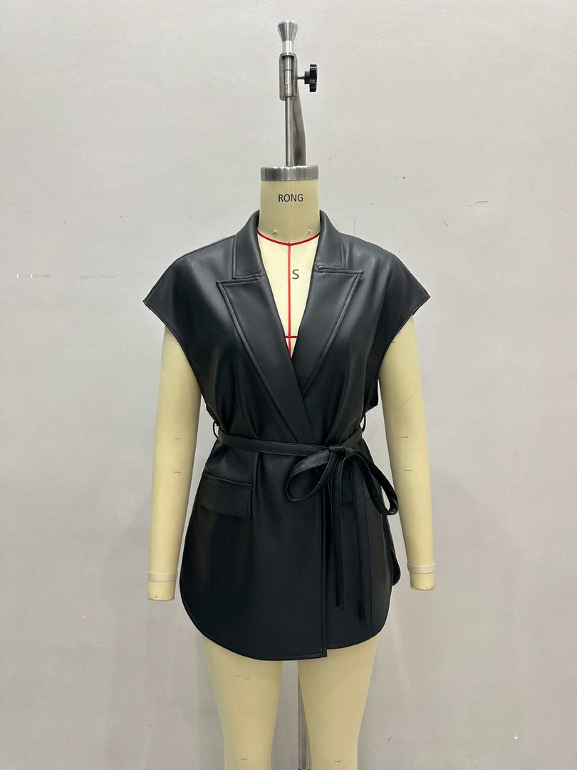 Sleeveless PU Vest Notch Lapel Belted Women N6G173