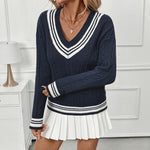 Load image into Gallery viewer, Cable V Neck Sweater Pullover Mid Weight Navy N5Z477
