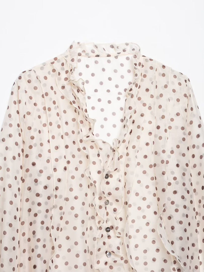 French Polka Dot V-Neck Ruffle Blouse Women N6F191
