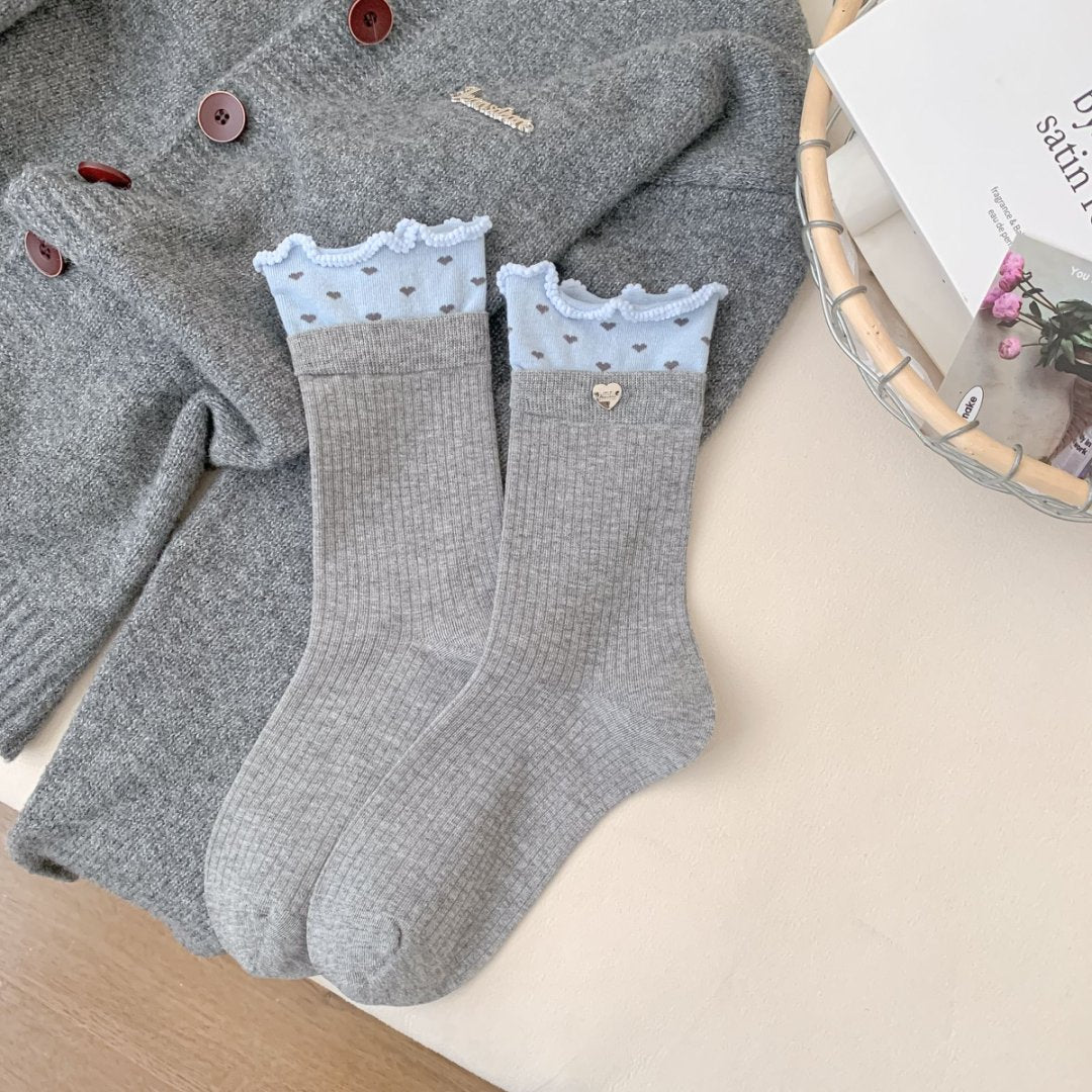 Color Block Ruffle Trim Socks Polka Dot Button Accent M5A022