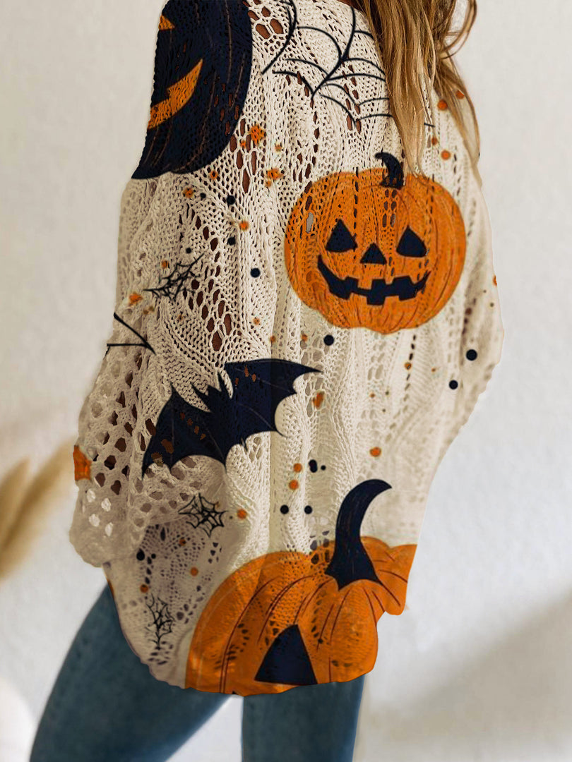 Halloween Bat Pumpkin Hollow Knit Top Women N6H275
