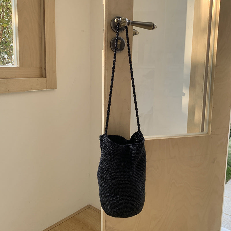 Metallic Woven Bucket Bag Stylish Shoulder Tote N6A083