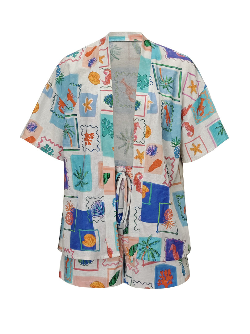 Doodle Print Open Front Shirt and Shorts Set N6C260
