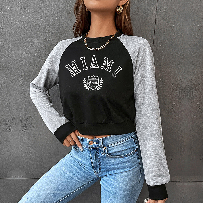 Color Block Cropped Letter Sweater Raglan Dark Gray N5Z520