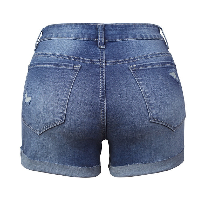 Distressed Rolled Hem Button-Fly Denim Shorts  N6C185