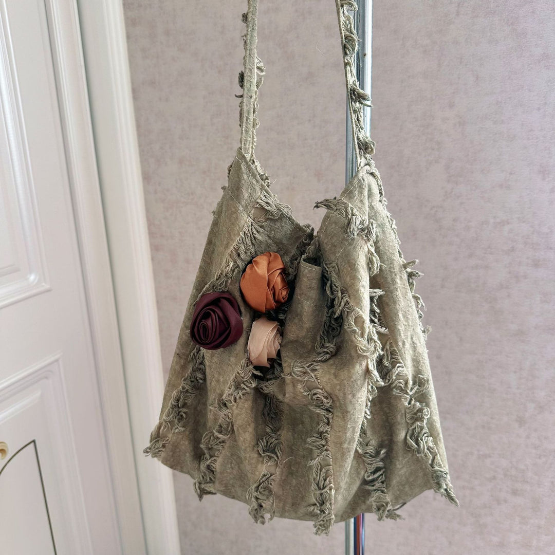 Linen Jacquard Crossbody Bag Rose Ruffle Tassel N6F101