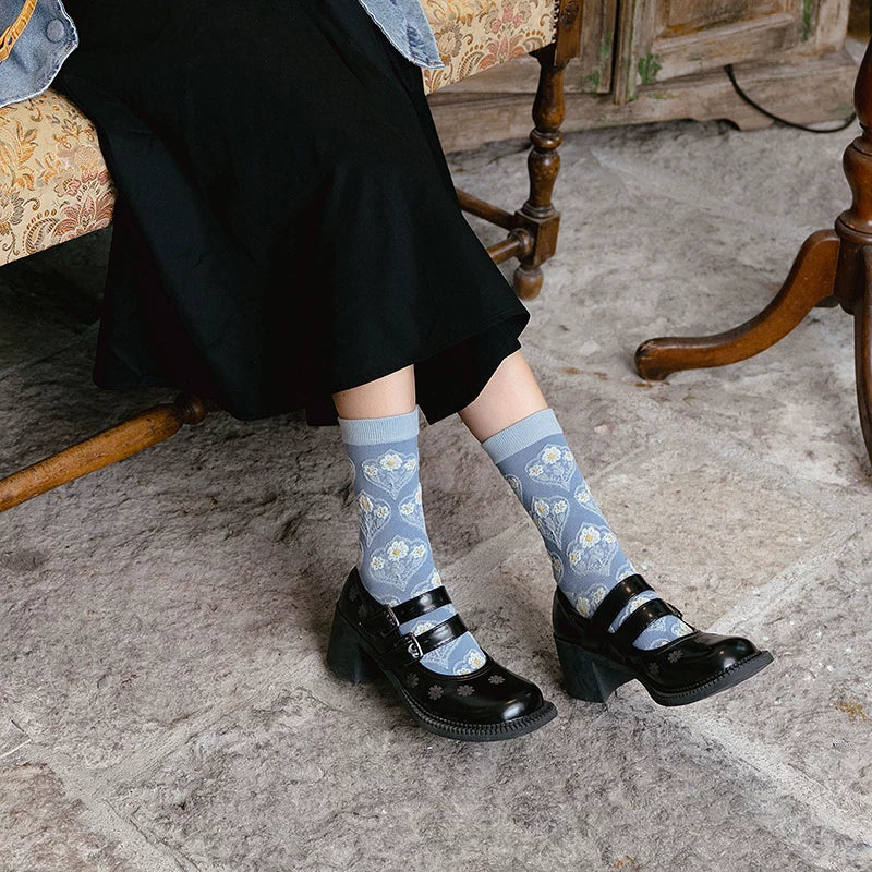 Vintage Blue Ethnic Style Mid-Calf Cotton Socks Women N6H020