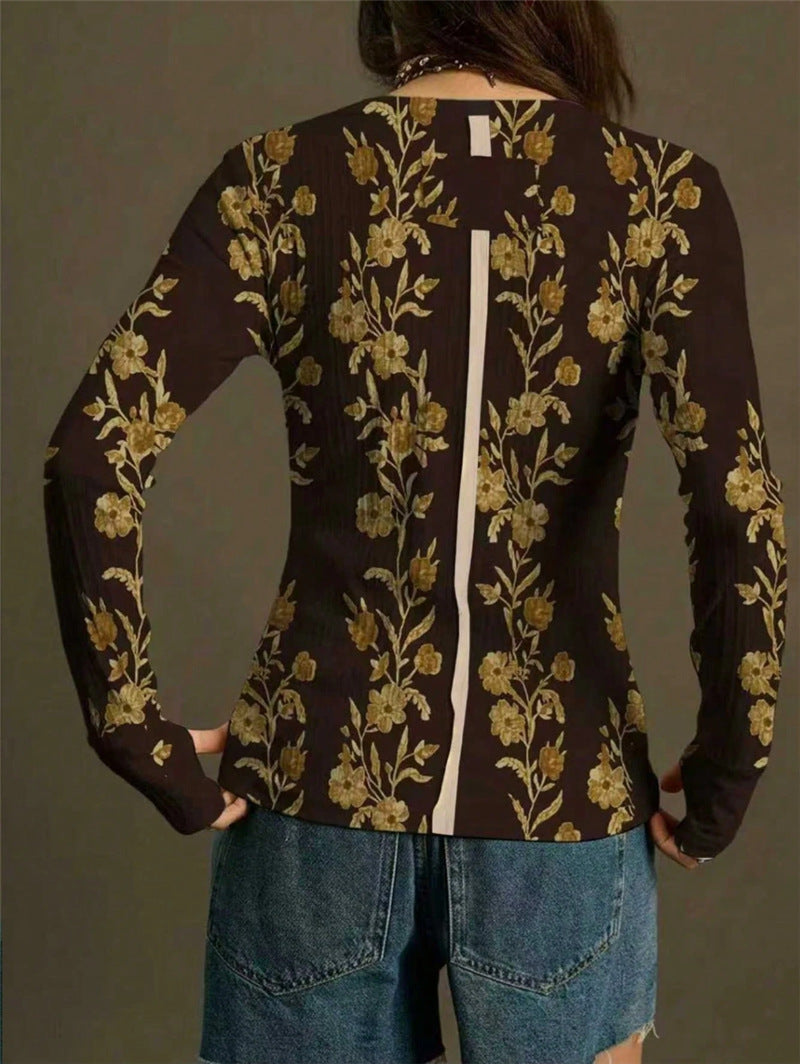 Retro Floral Print Knit T-shirt Women N6C324