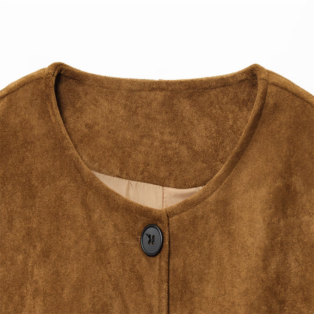 Round Neck A Line Jacket Women Brown N5A399