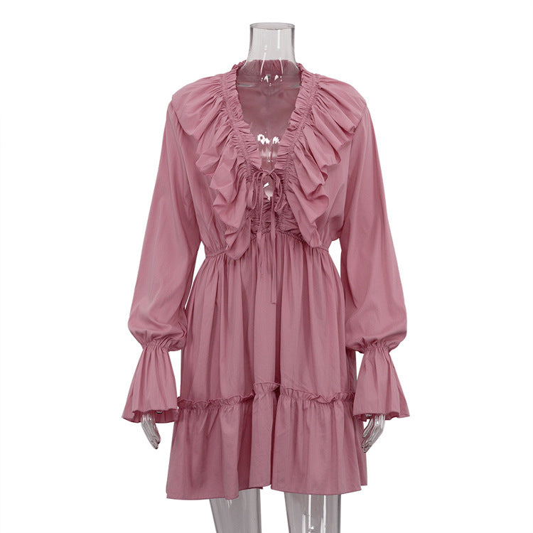 V-neck Ruffle Sleeve Flared Hem Dress Women N6C191