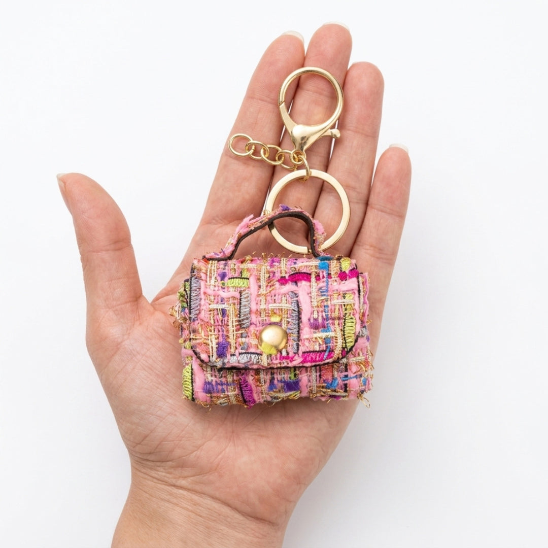 Tweed Earphone Coin Pouch Keychain Bag Charm Pink N6G109