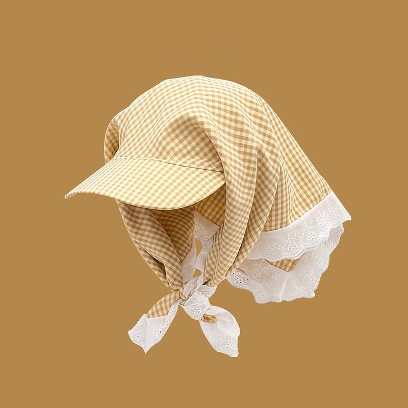 Gingham Lace Trim Headscarf Hat Women N6C365