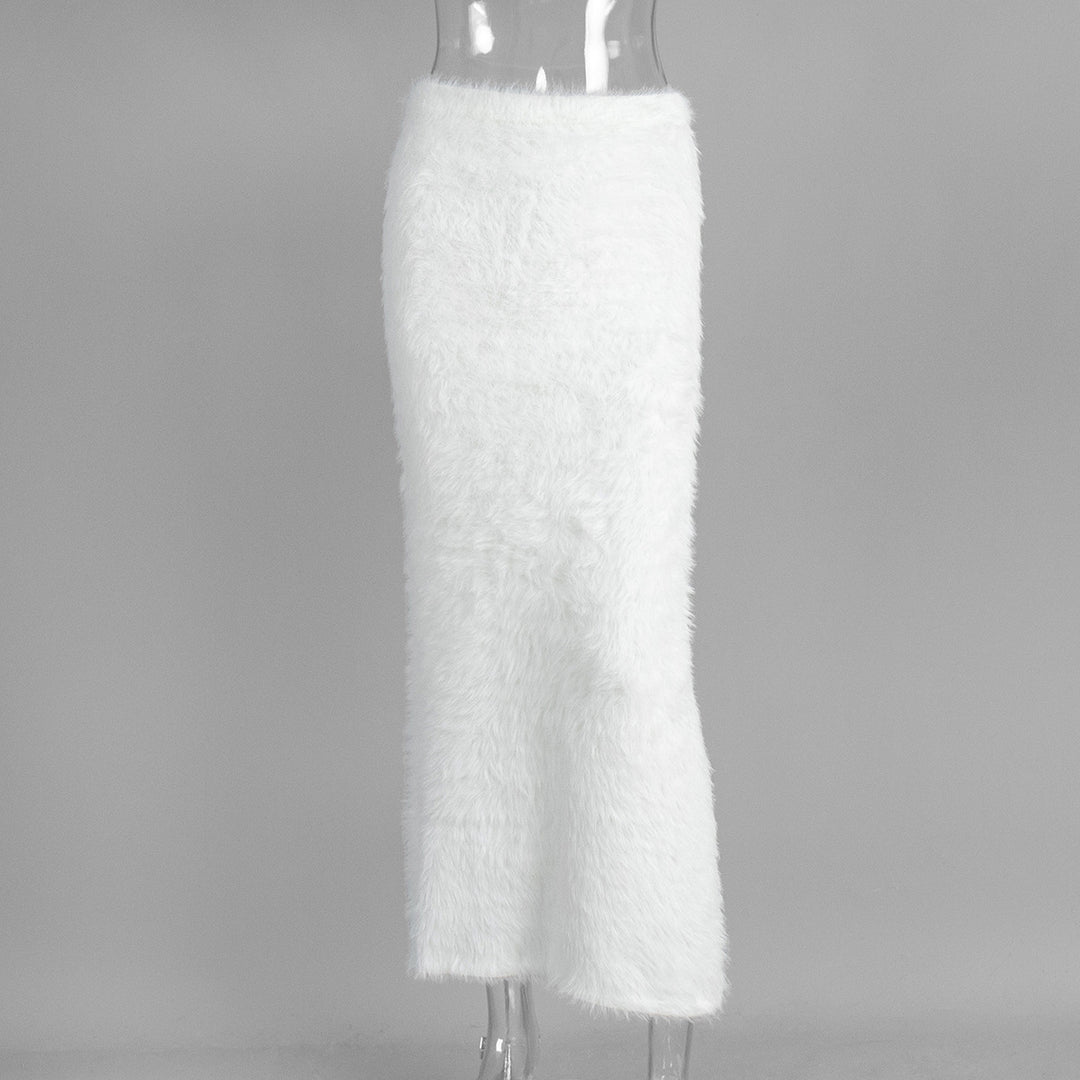 Fuzzy Knit Maxi Skirt Solid Mid Weight White N5Z458