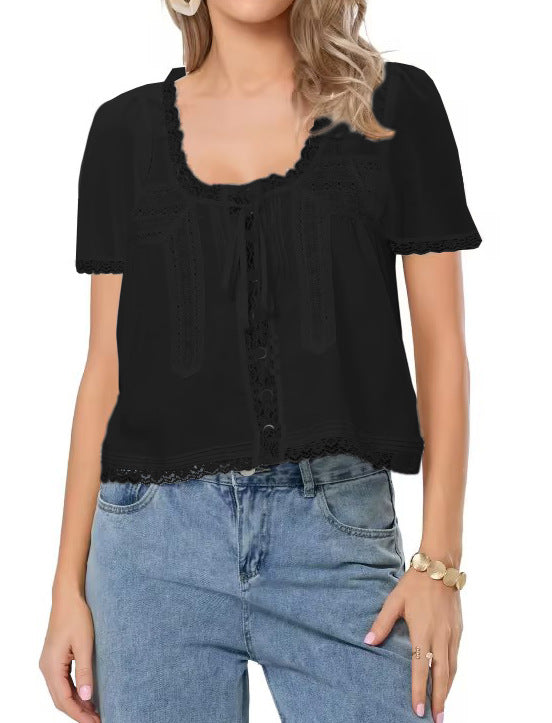 3D Lace French Tie Organic Cotton Blouse Women N6C120