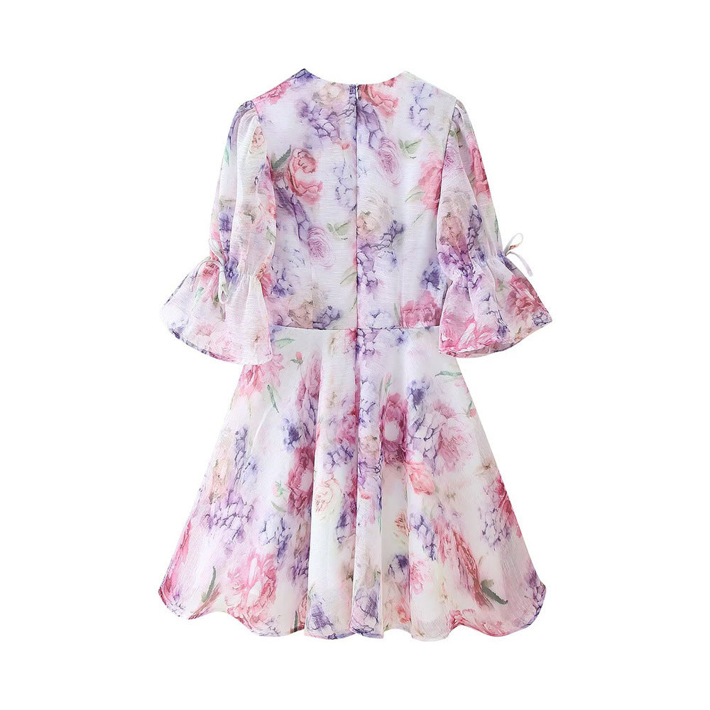 3D Floral V Neck Dress Short Sleeve Lightweight N5Z360
