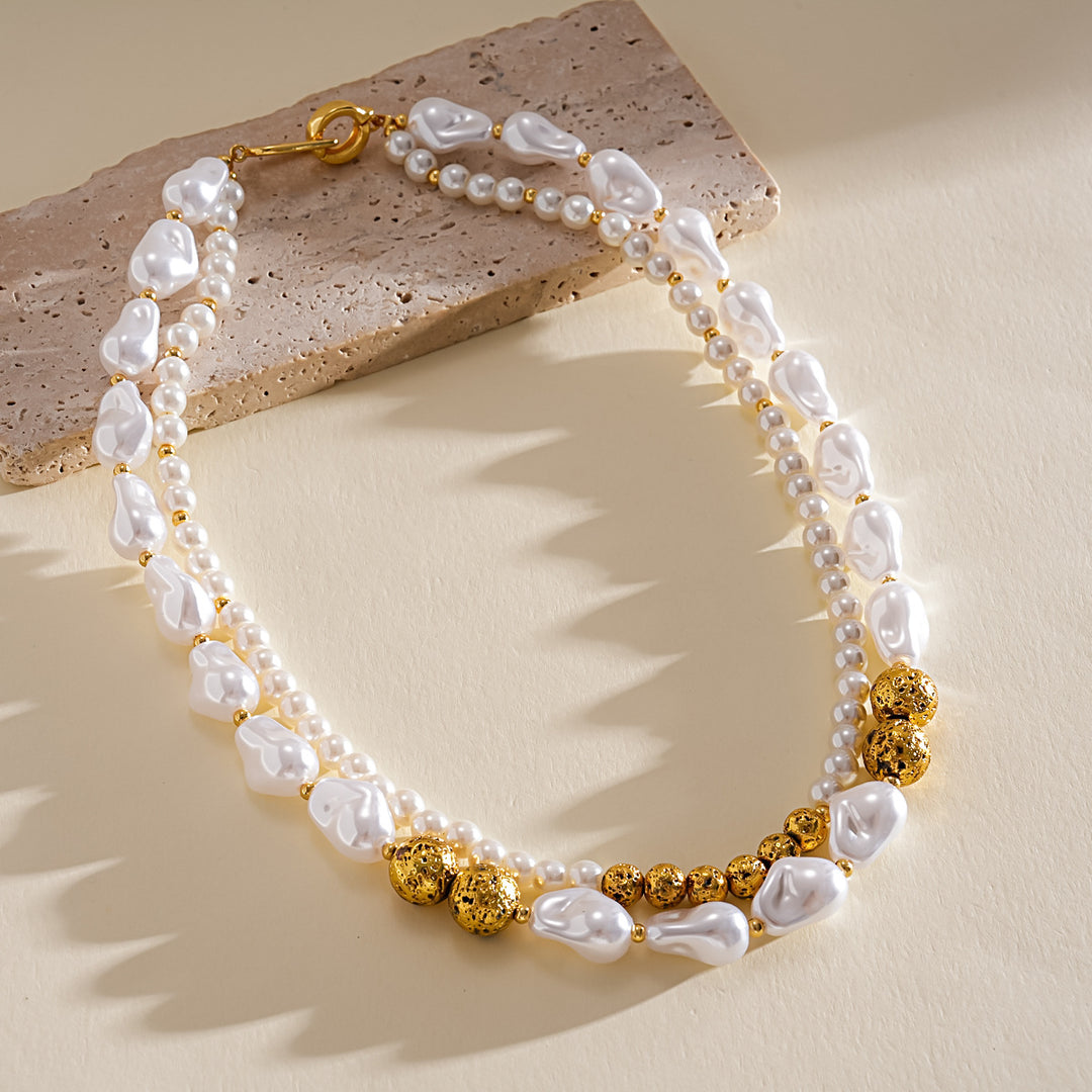 Vintage Double Layer Pearl Beaded Geometric Choker N6H147