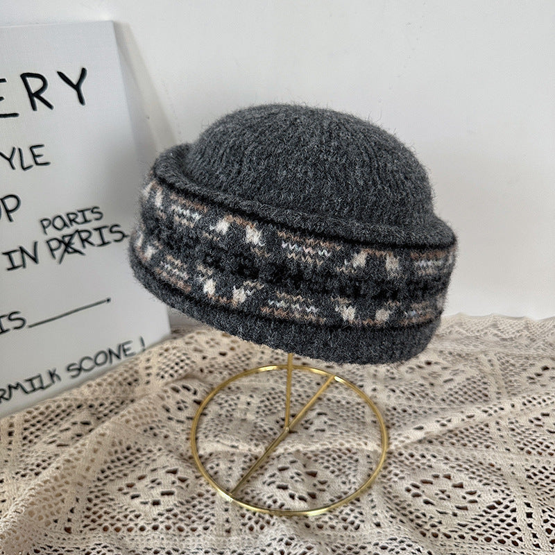 Fair Isle Jacquard Knit Pillbox Hat Women N6G212
