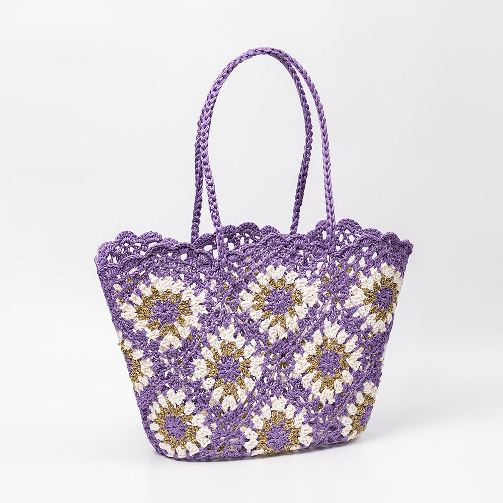 Hand Crochet Color Block Mesh Tote Beach Bag Women N6C302