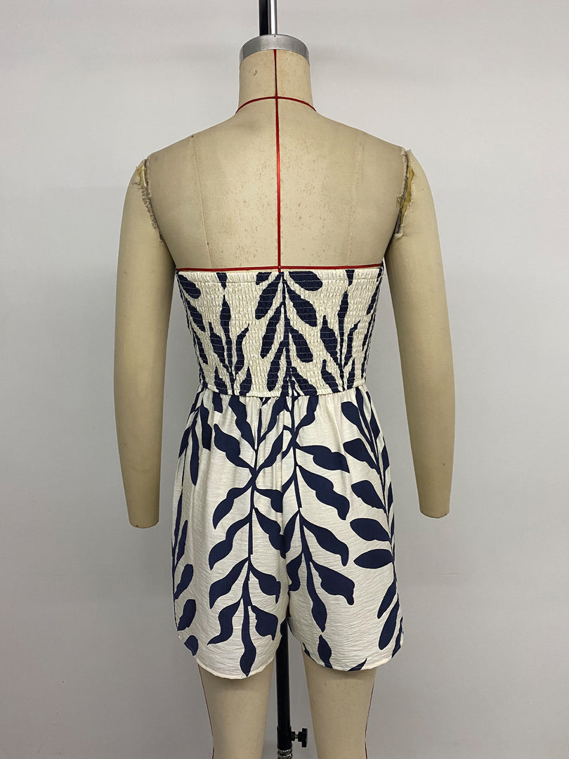 French Vacation Leaf Print Tube Top Romper Women N6C242