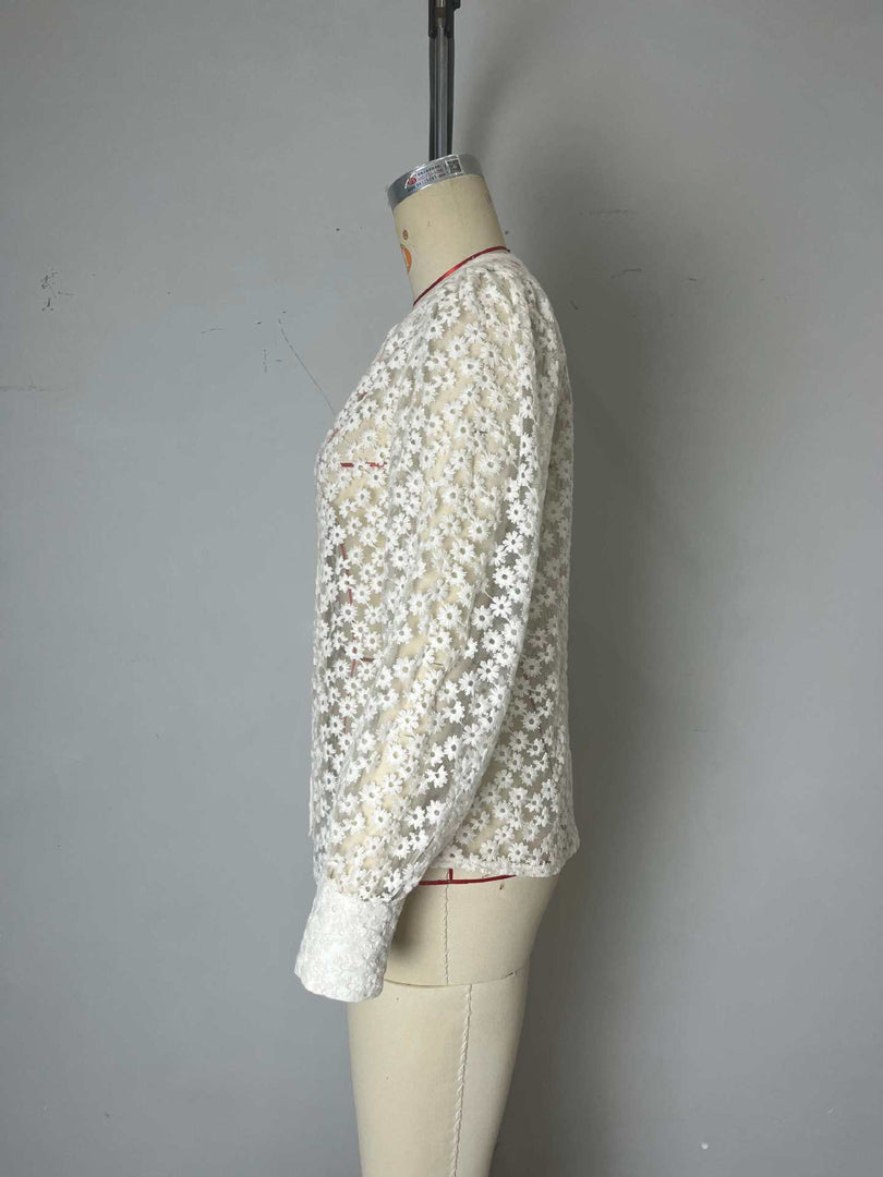 Elegant Floral Lace Blouse Women Round Neck N6D097