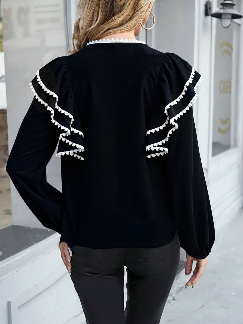 Black Puff Sleeve Lace Trim Blouse Women N6C261