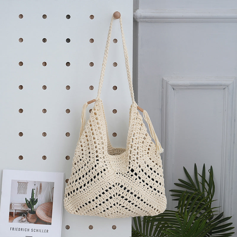 Hand Woven Openwork Cotton Shoulder Bag Underarm S5P297