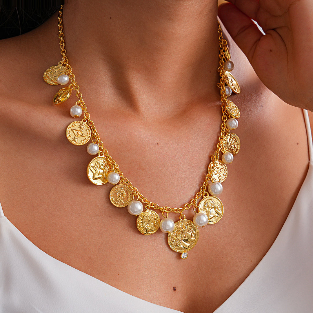 Metal Coin Rhinestone Pearl Tassel Choker Necklace N6H151