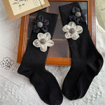 Load image into Gallery viewer, 3D Floral Solid Mid-Calf Socks Women Cotton Black N6H033
