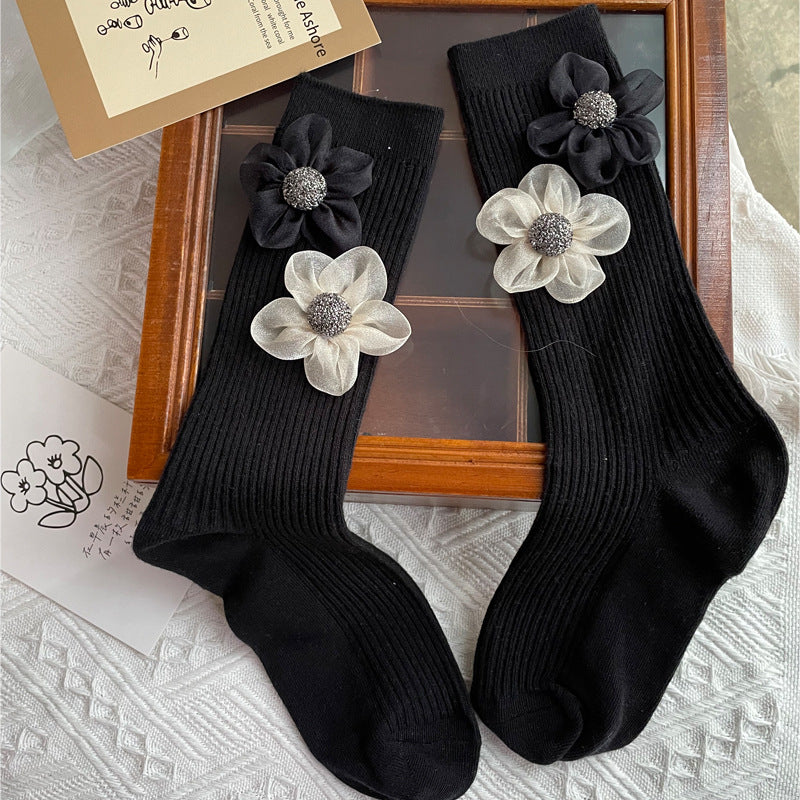 3D Floral Solid Mid-Calf Socks Women Cotton Black N6H033