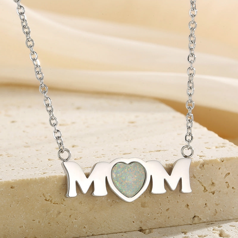 MOM Opal Heart Pendant Titanium Steel Necklace N6D538
