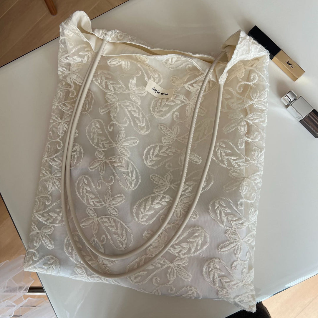 Cut-out Embroidery Fine Strap Canvas Shoulder Bag N6F181