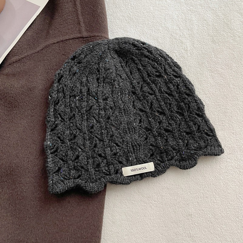 100% Wool Crochet Lace Hollow Knit Beanie Women N6H219