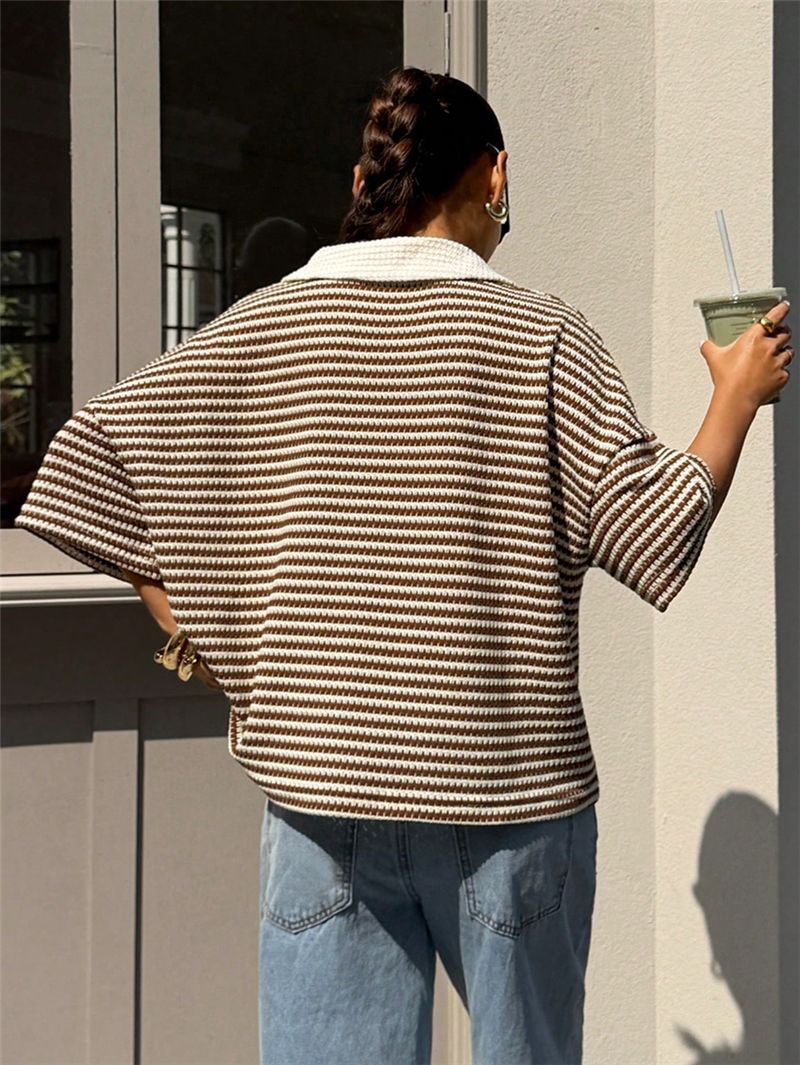 Stripe V-Neck Colorblock Drop Shoulder Polo Tee N6G285