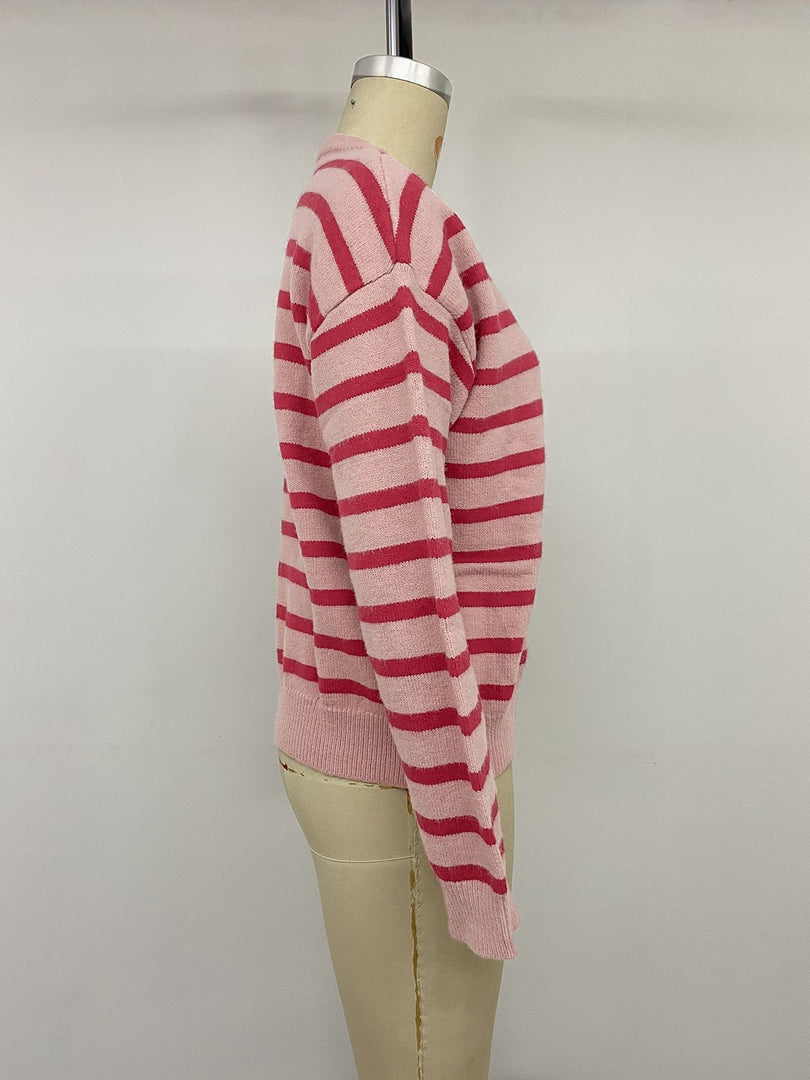 Casual Striped Round Neck Cardigan Sweater Women N6H298