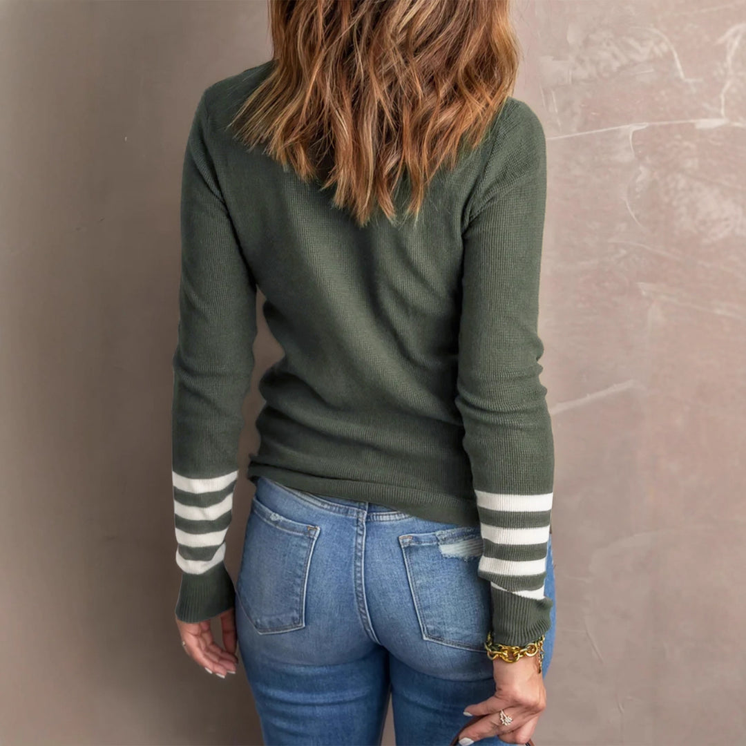 Womens Ribbed Stripe Knit Sweater Round Neck N6B036