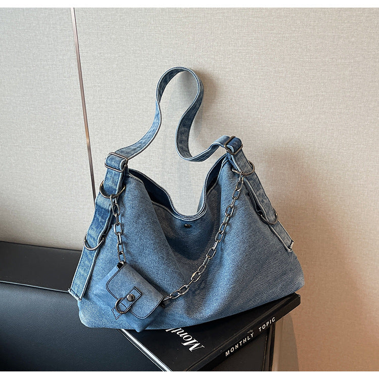 Women's Washed Denim Chain Strap Tote Bag N6J200