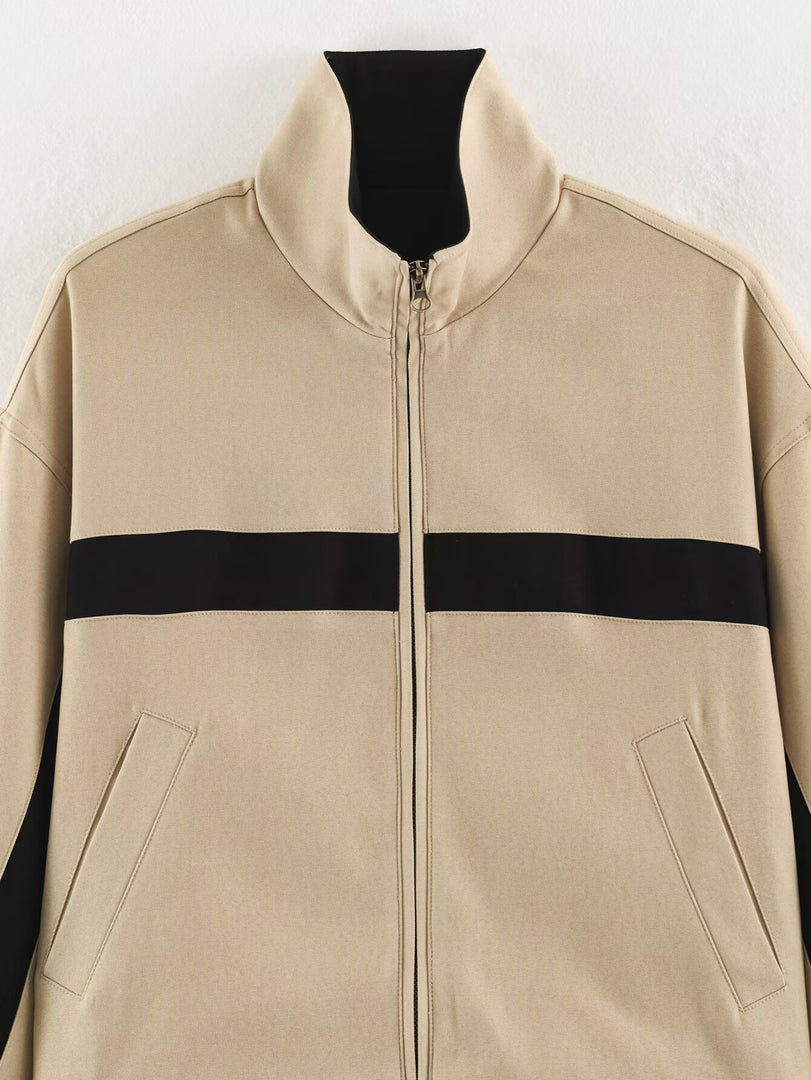 Loose Colorblock Stand Collar Zip Jacket Women Khaki N6H126
