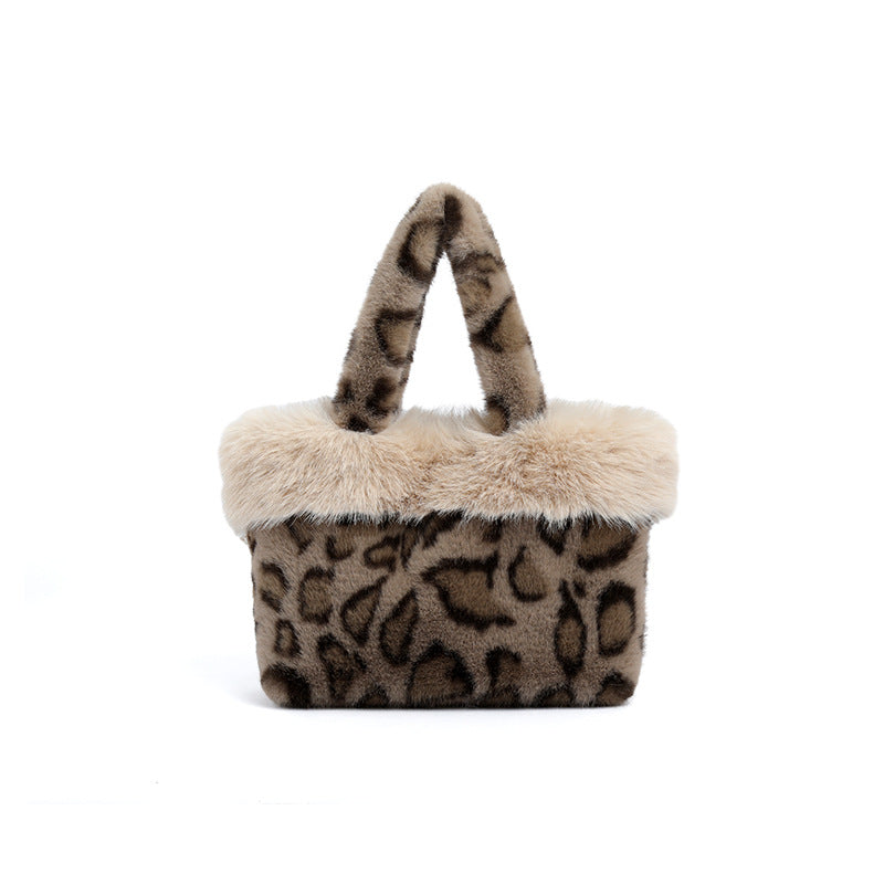 Women's Plush Leopard Print Bucket Handbag N6J174