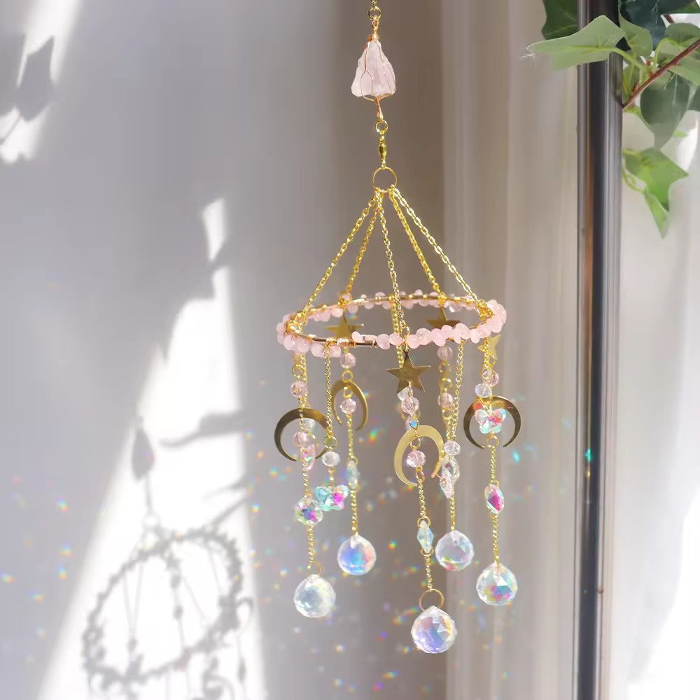 Raw Crystal Rotating Wind Chime Star Moon Sun Catcher N6F292
