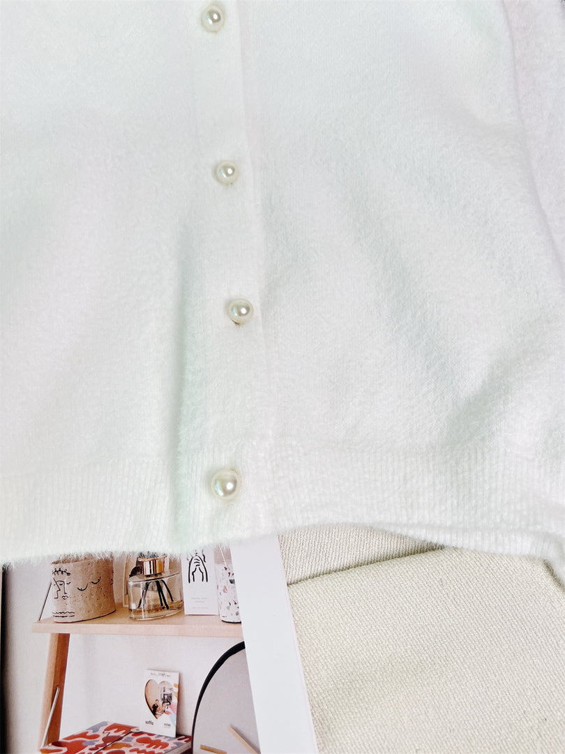 Faux Mink Pearl Button Cardigan Round Neck N6G141