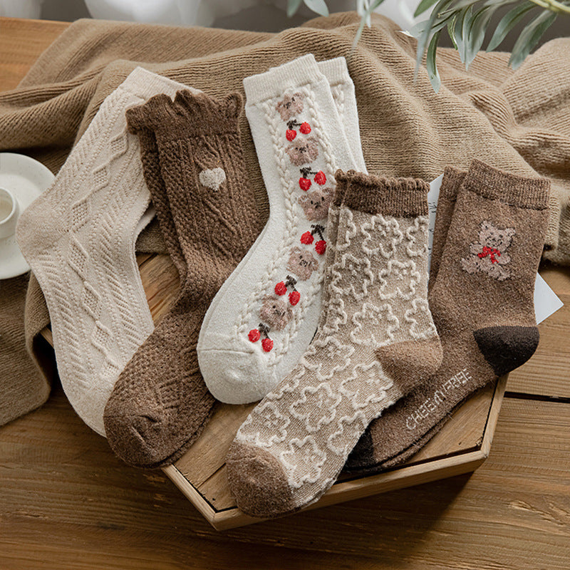 Thermal Wool Blend Mid Calf Socks Bear Pattern M5A041