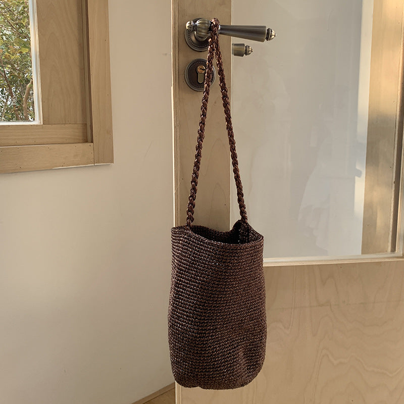 Metallic Woven Bucket Bag Stylish Shoulder Tote N6A083