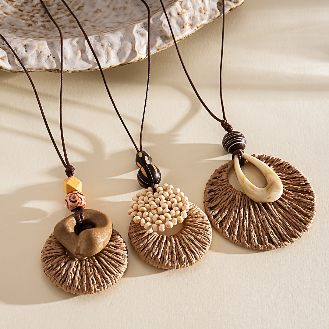 Leather Cord Wood Resin Raffia Drop Pendant Necklace N6H139